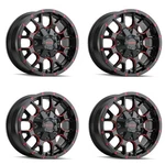 Set 4 17" Mayhem Warrior 17X9 Black Prism Red 5X5.5 Wheels -12MM Lifted Rims. Fixed Price $1119.96.