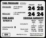 1972 Impala / Full Size G78 X 15 Tire Pressure Decal. Fixed Price $8.99.